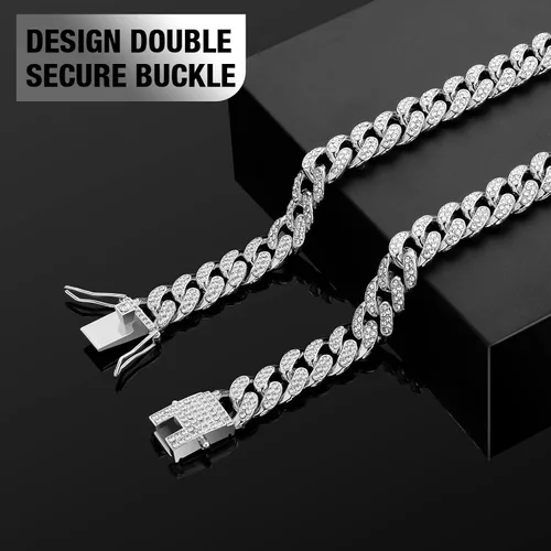 Miniatura 5 de Collar de Perro con Diamantes Plateados - Cadena de Metal Estilo Cubano con Hebilla Segura, Collar de Lujo Duradero para Perros