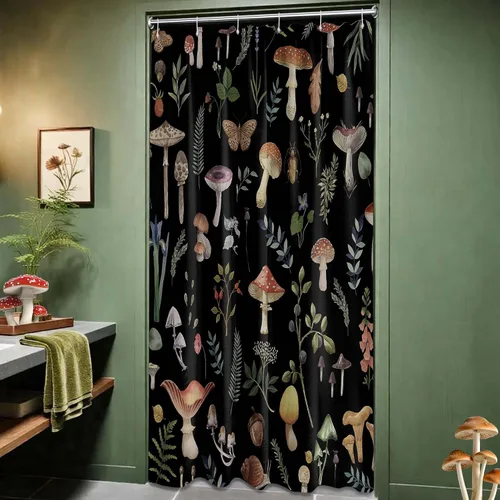 Miniatura 3 de Cortina de ducha de hongos, bonito juego de cortinas de ducha de hongos negros para decoración de baño, tela de poliéster impermeable con ganchos