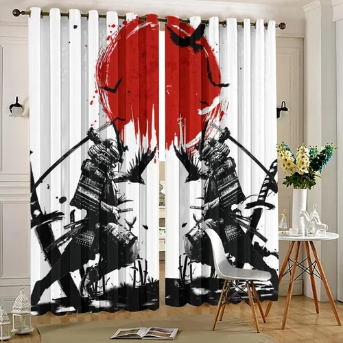 Miniatura 5 de Cortinas opacas samuráis japonesas para dormitorio, tinta de acuarela, espada samurái, estampado de sol rojo, ojales, aislamiento térmico, cortinas