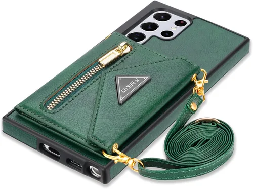 Miniatura 11 de Funda tipo cartera cruzada de piel sintética para Samsung Galaxy S22 Ultra 5G, 6.8 pulgadas, tarjetero, monedero con cremallera y soporte (negro)