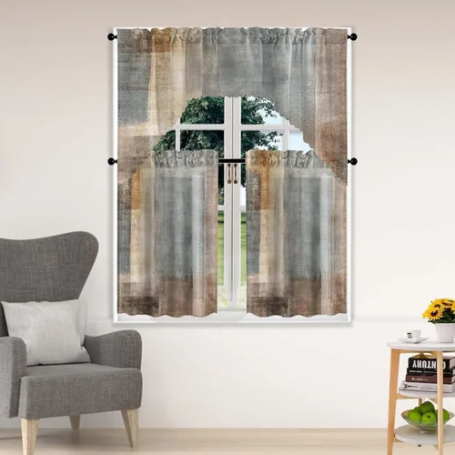 Miniatura 8 de Blue & Swag - Juego de 3 cortinas para ventana de cocina, cenefa de arte abstracto gris con bolsillo para barra para cocinas modernas