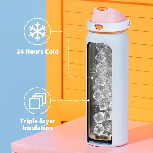 Miniatura 4 de Botella de agua aislada de 40 onzas con popote: Botella de agua de metal de acero inoxidable Meoky con tapa 2 en 1, a prueba de fugas, fría durante