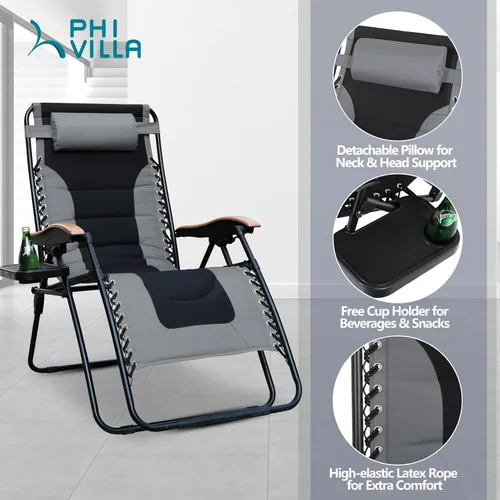 Miniatura 5 de PHI VILLA Silla XL de gravedad cero de gran tamaño, acolchada, reclinable, de gran tamaño, con soporte para tazas, soporta 350 libras (gris)