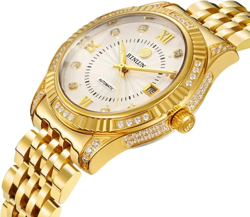 Miniatura 28 de BINLUN Reloj de pulsera para hombre, mecánico automático, reloj dorado con cuerda automática, elegante, chapado en oro de 18 quilates, relojes