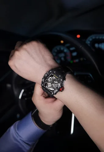 Miniatura 2 de TSAR BOMBA Reloj para hombre, reloj automático impermeable de 164.0 ft, esqueleto mecánico Tonneau con esfera de cara grande, reloj negro