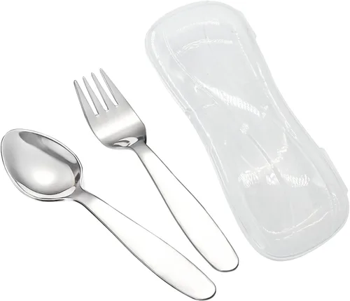 VANRA Juego de 2 cucharas de tenedor para niños con estuche de viaje para lonchera, acero inoxidable 18/8 para niños, cubiertos para niños, juego de