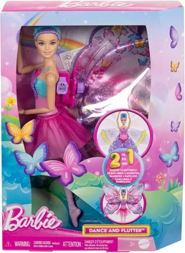 Miniatura 10 de Barbie Muñeca Dance and Flutter con transformación 2 en 1 de bailarina a mariposa con alas de apertura, cabello morado, tocado y tutú extraíble