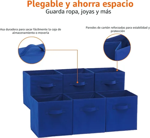 Miniatura 5 de Amazon Basics, Organizadores de almacenamiento en forma de cubo con asas, tela plegable, paquete de 6, 26,6 x 26,6 x 27,9 cm, azul marino