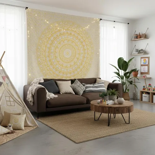 Miniatura 5 de Craft Trade - Tapiz de algodón indio con mandala para pared, decoración estética boho hippie para sala de estar, meditación y dormitorio - Amarillo