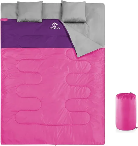 Miniatura 15 de oaskys Saco de dormir doble para adultos con 2 almohadas – Saco de dormir impermeable tamaño Queen XL para todas las estaciones, camping, Rosa