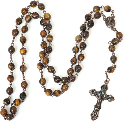 Miniatura 5 de Nazareth Store Collar de rosario con cuentas de piedra natural, 0.315 in, diseño de cobre antiguo, medalla de suelo sagrado y cruz en bolsa