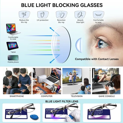 Miniatura 8 de Dollger Gafas de bloqueo de luz azul para hombres, gafas de juegos de computadora, rectangular, marco de metal, antifatiga ocular, protección ocular