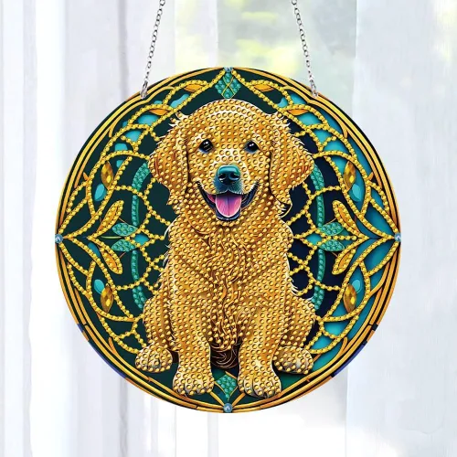 Miniatura 2 de LUSandy Kit de pintura de diamante 5D Golden Retriever DIY para colgar en la pared, letrero de arte para perro, diamante, atrapasoles, adorno
