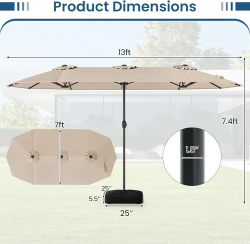 Miniatura 9 de Tangkula Sombrilla solar de doble cara de 13 pies para patio, sombrilla individual extragrande para exteriores con 36 luces LED, parte superior Beige