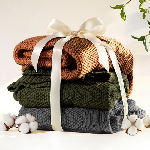 Miniatura 6 de Manta de punto trenzado 100% algodón, ligera y suave para sofá, cama, manta transpirable para todas las estaciones, acogedora manta decorativa, 50 x