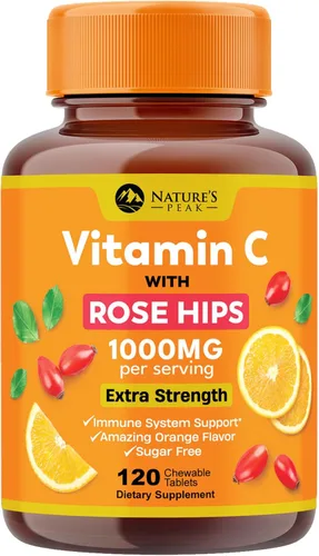 Vitamina C 1000 mg por porción – Apoyo inmunológico diario extra fuerte con suplemento masticable de escaramujos – Sabor sabroso sin azúcar –