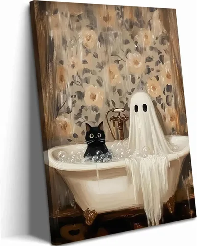 Obras de arte en lienzo de fantasmas de Halloween para baño, decoración de pared con fantasmas de terror y lindo gato negro en la bañera, pinturas