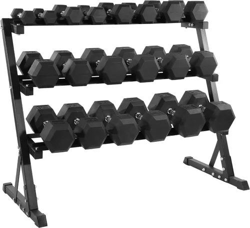 Miniatura 8 de Fitvids Juego de mancuernas hexagonales recubiertas de goma con estante de almacenamiento, juego de pesas de mano de 100/150/200/550 libras