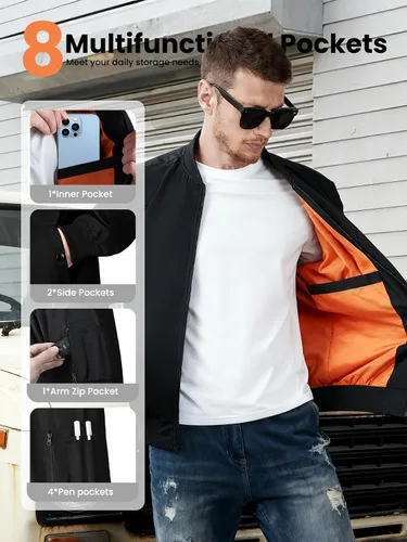 Miniatura 5 de Chaqueta bomber ligera para hombre, cortavientos, resistente al agua y transpirable con 4 bolsillos