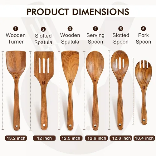 Miniatura 3 de Cucharas de madera para cocinar, 6 piezas, juego natural de utensilios de cocina de madera de teca, juego de utensilios de cocina con mango largo