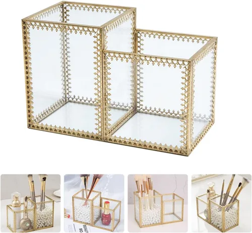 Miniatura 6 de ULTECHNOVO Two-compartment Glass Makeup Brush Holder Cosmetic Storage Organizer with Lace Design for Vanity Desk and Jewelry Display