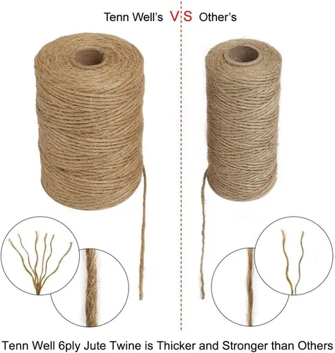 Miniatura 4 de Tenn Well Cordel de yute, 328 pies 0.091 in 6 capas cuerda de jardín natural, cuerda de yute resistente para manualidades, envoltura de regalos