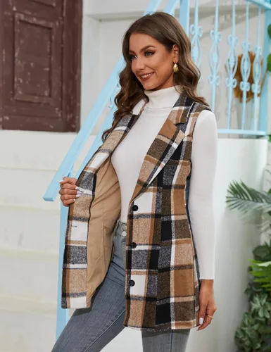 Miniatura 4 de Soamat Chaleco a cuadros sin mangas para mujer, chaqueta con botones y cuello de solapa