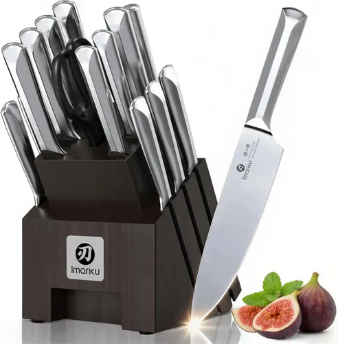 imarku Juego de cuchillos, 16 cuchillos japoneses de acero inoxidable de alto carbono para cocina con bloque, juego de cuchillos de cocina ultra