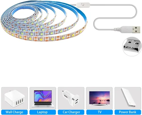 Miniatura 4 de Tira de luces LED USB de 5 V, color blanco, 6000 K, 9.84 pies, SMD 2835 IP65, impermeable, 180 LED, tira de luz Plug and Play con interruptor