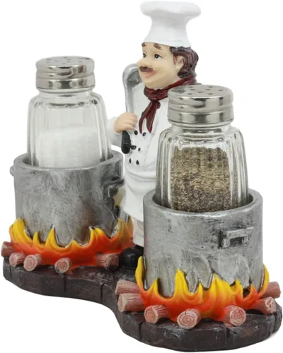 Miniatura 3 de Ebros Bouillon - Jean de chef francés con caldero doble llameante, salero y pimentero, figurita para cocina, mesa de comedor, anfitrión, accesorios