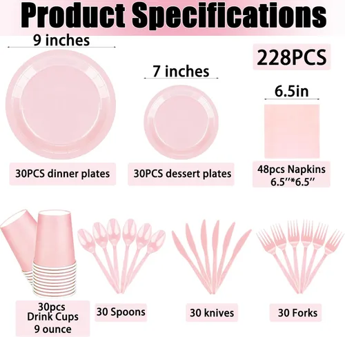 Miniatura 2 de El juego de 228 piezas de suministros de fiesta color rosa incluye platos de papel, vasos, servilletas rosas, cucharas de plástico, tenedores
