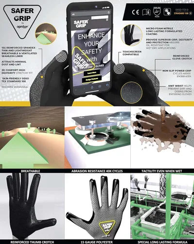 Miniatura 8 de OPNBar Guantes recubiertos de nitrilo con agarre, pantalla táctil (paquete de 2) entrepierna reforzada para el pulgar - Marca SAFERGRIP