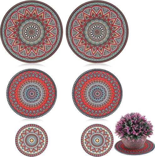 Miniatura 8 de Nuanchu 6 tapetes bohemios para macetas, 3 tamaños, 3.94 pulgadas, 5.9 pulgadas, 7.87 pulgadas, goma absorbente antideslizante para macetas