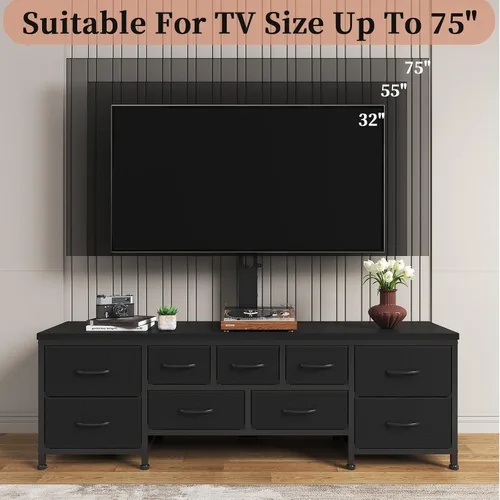 Miniatura 3 de Soporte de TV con soporte y 9 cajones de tela, soporte universal para TV de 32 a 75 pulgadas, centro de entretenimiento moderno, consola multimedia