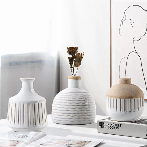 Miniatura 6 de Juego de 4 jarrones pequeños de cerámica minimalista boho para dormitorio, sala de estar, oficina, chimenea, centro de mesa, jarrones blancos Antiguo