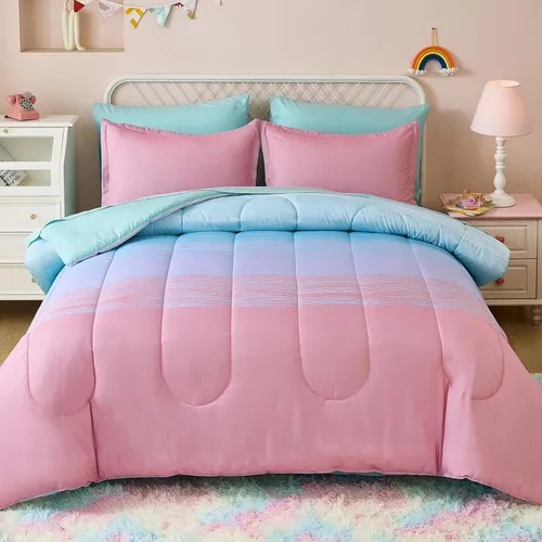 Miniatura 12 de Dinjoy Juego de edredón para niñas, tamaño individual, colorido, azul, rosa, morado, arcoíris, juego de ropa de cama de 6 piezas en una bolsa