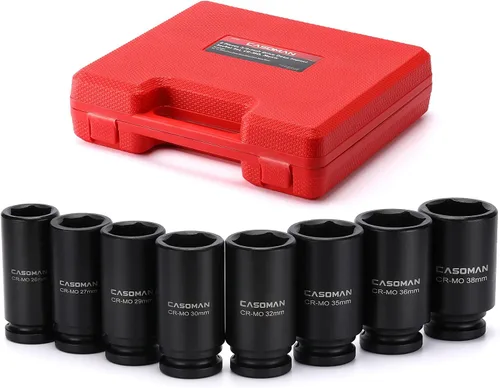 Miniatura 2 de CASOMAN Juego de 8 llaves de vaso de impacto profundo de 3/4 pulgadas, CR-MO, métrica, 6 puntos, 1.024 in a 1.496 in, diseño de esquina de radio