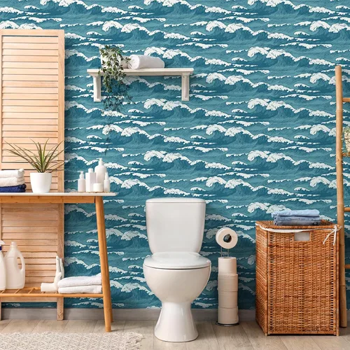 Miniatura 6 de VaryStyle Papel tapiz vintage con ondas azul marino/blanco océano costero, papel tapiz autoadhesivo para despegar y pegar, papel de contacto