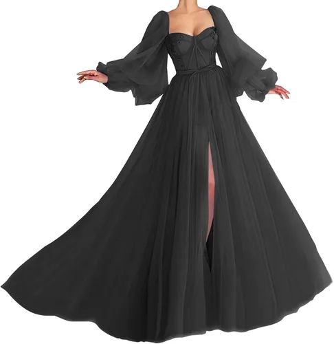 Vestidos de graduación de tul con manga abombada con abertura 2025, vestido largo de baile de novia, vestidos formales para mujer, fiesta de noche