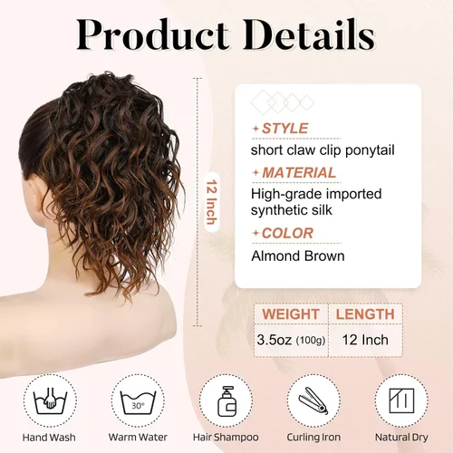 Miniatura 3 de Flufymooz Extensión de cola de caballo, extensión de cola de caballo corta de 12 pulgadas con pinza de garra, cabello ondulado rizado, clip