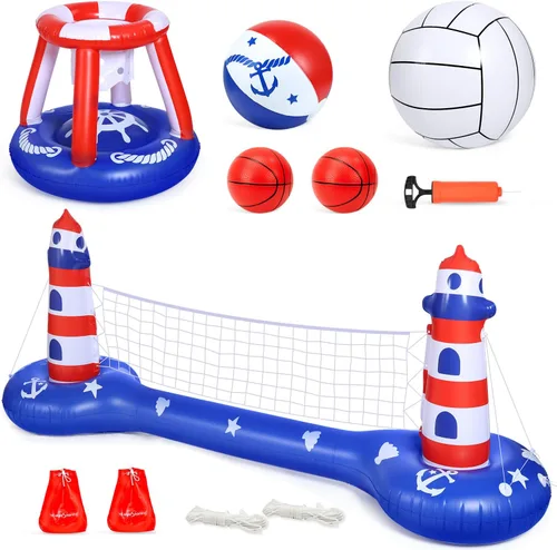 Miniatura 2 de EagleStone Red de voleibol para piscina y aro de baloncesto, flotadores inflables para piscina, juguetes para nadar juegos de agua para adultos
