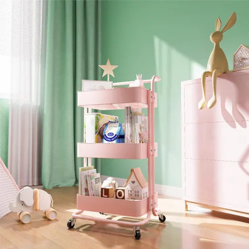 Miniatura 6 de Carrito de almacenamiento con ruedas de metal, carrito utilitario de 3 niveles con ruedas, organizador multifuncional para cocina, dormitorio, Rosa