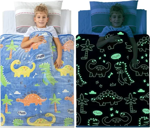 Manta de dinosaurio que brilla en la oscuridad para niños, manta suave de forro polar azul. Gran regalo de dinosaurio para niños, nietos, bebés,