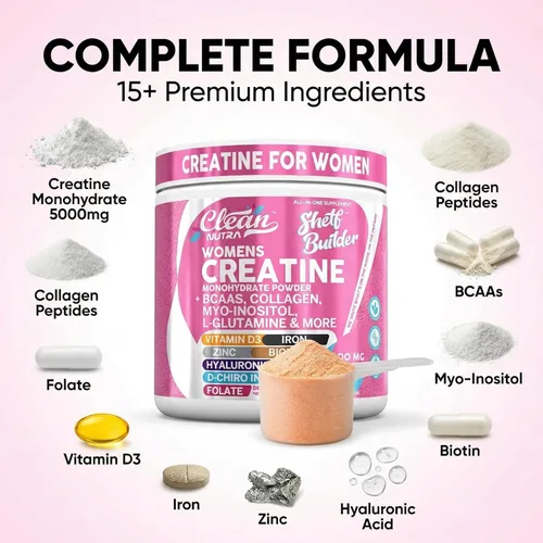 Miniatura 4 de Creatina para Mujeres Monohidrato de Creatina + BCAA Polvo Mio-Inositol Colágeno Biotina Ácido Hialurónico Folato L Glutamina Vitamina D3 Hierro