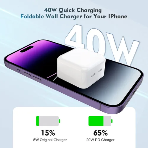 Miniatura 3 de Cargador rápido para iPhone, cargador para iPhone 14 [certificado MFi] de 40 W, bloque de cargador de pared plegable de doble puerto USB-C rápido