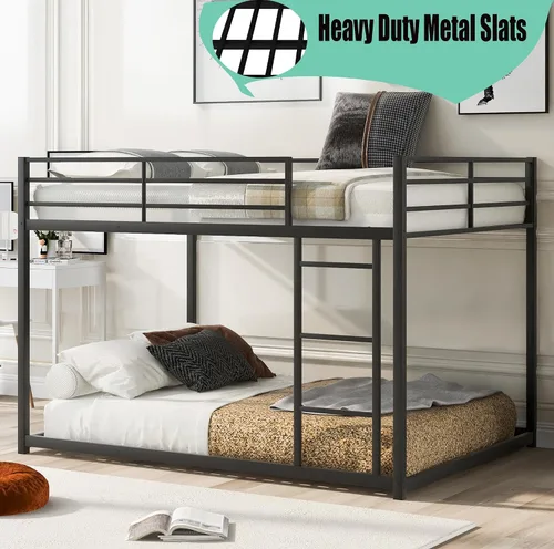 Miniatura 4 de Literas de metal de tamaño matrimonial sobre matrimonial, litera baja de metal con escalera para niños, adolescentes y adultos, marco de cama