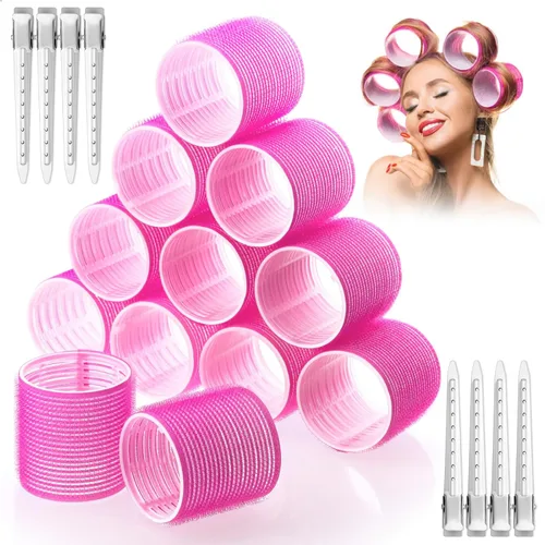 Rizadores de pelo jumbo, 12 rulos de pelo jumbo de 2.32 pulgadas, rodillos de sujeción con 12 pinzas para cabello largo y liso (rojo rosa)