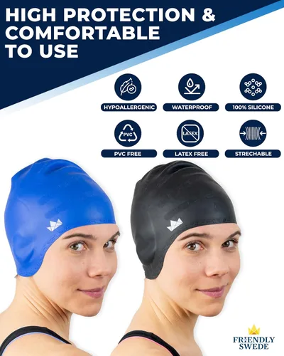 Miniatura 3 de The Friendly Swede Gorros de natación para mujeres y hombres, gorras de natación de silicona para cabello medio y largo, impermeables y mantienen