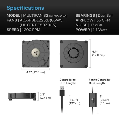 Miniatura 6 de AC Infinity MULTIFAN S2, ventilador USB silencioso de 120 mm con control de velocidad, certificado UL para receptor DVR, módem, Xbox, AV, gabinete