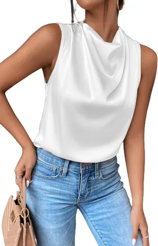 Miniatura 5 de Avanova Blusas de satén sin mangas para mujer, estilo casual, cuello drapeado y fruncido en la parte delantera